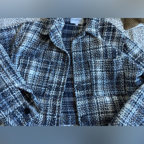 Tweed Blue Cropped Style Blazer XL - Picture 2 of 2